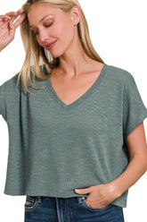 Zenana Hacci Slub V-neck Drop Shoulder Crop Top OutfitFlow